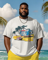 Big & Tall Men's Hawaiian Yellow Coconut Beach Graffiti Print Round Neck Short Sleeve T-Shirt Shorts Suit